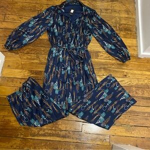 Fashion Nova Navy Jumpsuit with Brown and Teal Accents